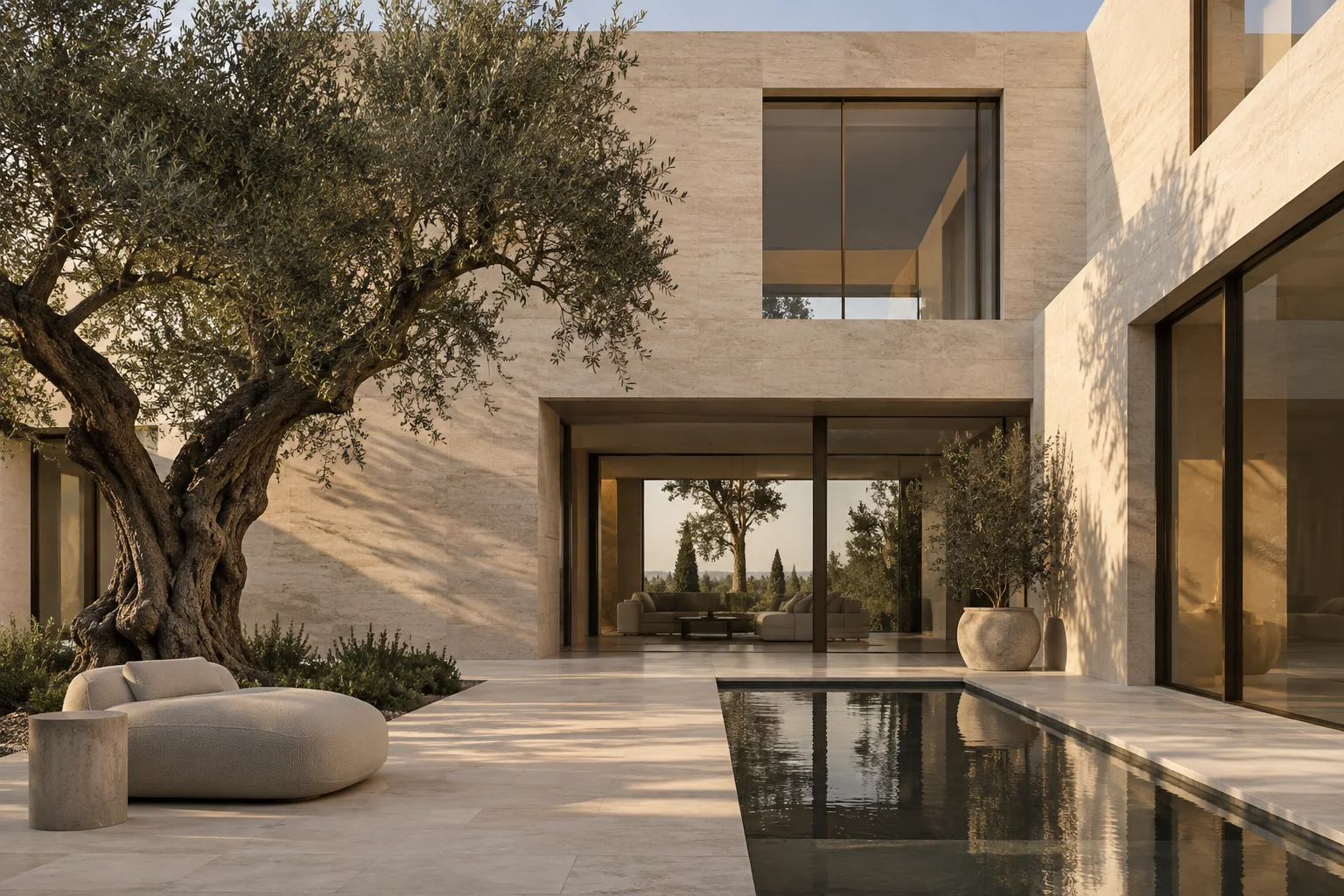 Concept architectural residence with warm stone and a sculptural courtyard